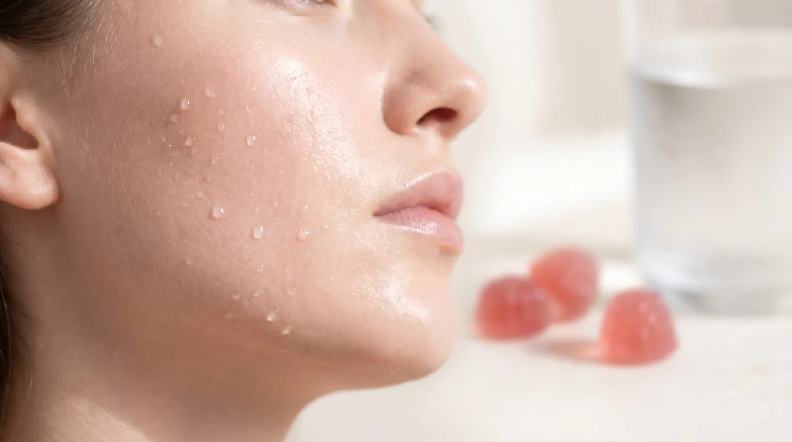 Peau féminine lumineuse et hydratée en gros plan, gouttelettes d'eau, gummies acide hyaluronique translucides en arrière-plan flou