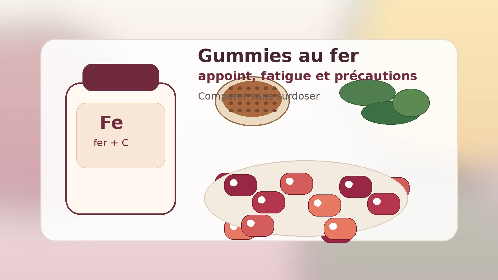 Illustration de gummies au fer avec lentilles, légumes verts et repère vitamine C