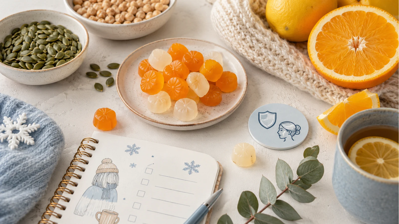 Gummies au zinc avec graines de courge, agrumes et carnet de routine hivernale