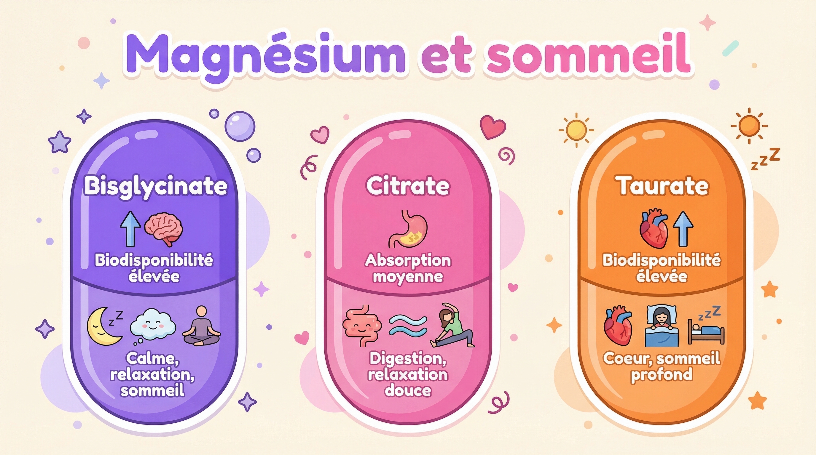 Comparaison visuelle des 3 types de magnesium pour le sommeil : bisglycinate, citrate et taurate