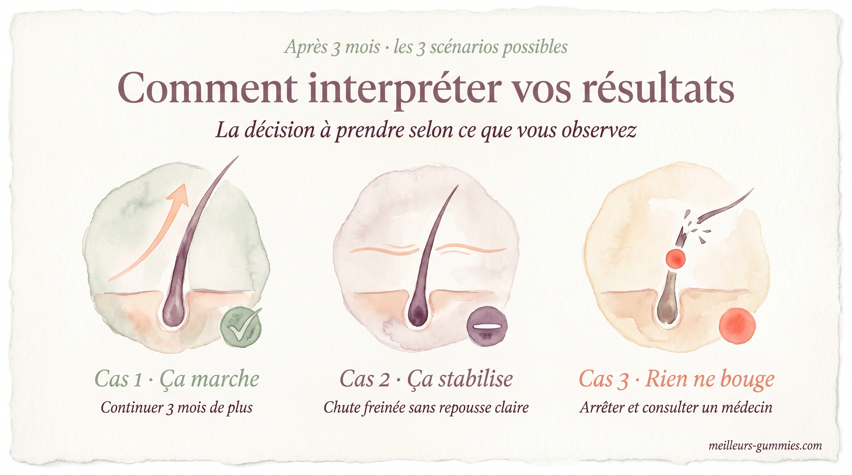 Après 3 mois, 3 scénarios possibles : ça marche (continuer), ça stabilise (prolonger), rien ne bouge (consulter).